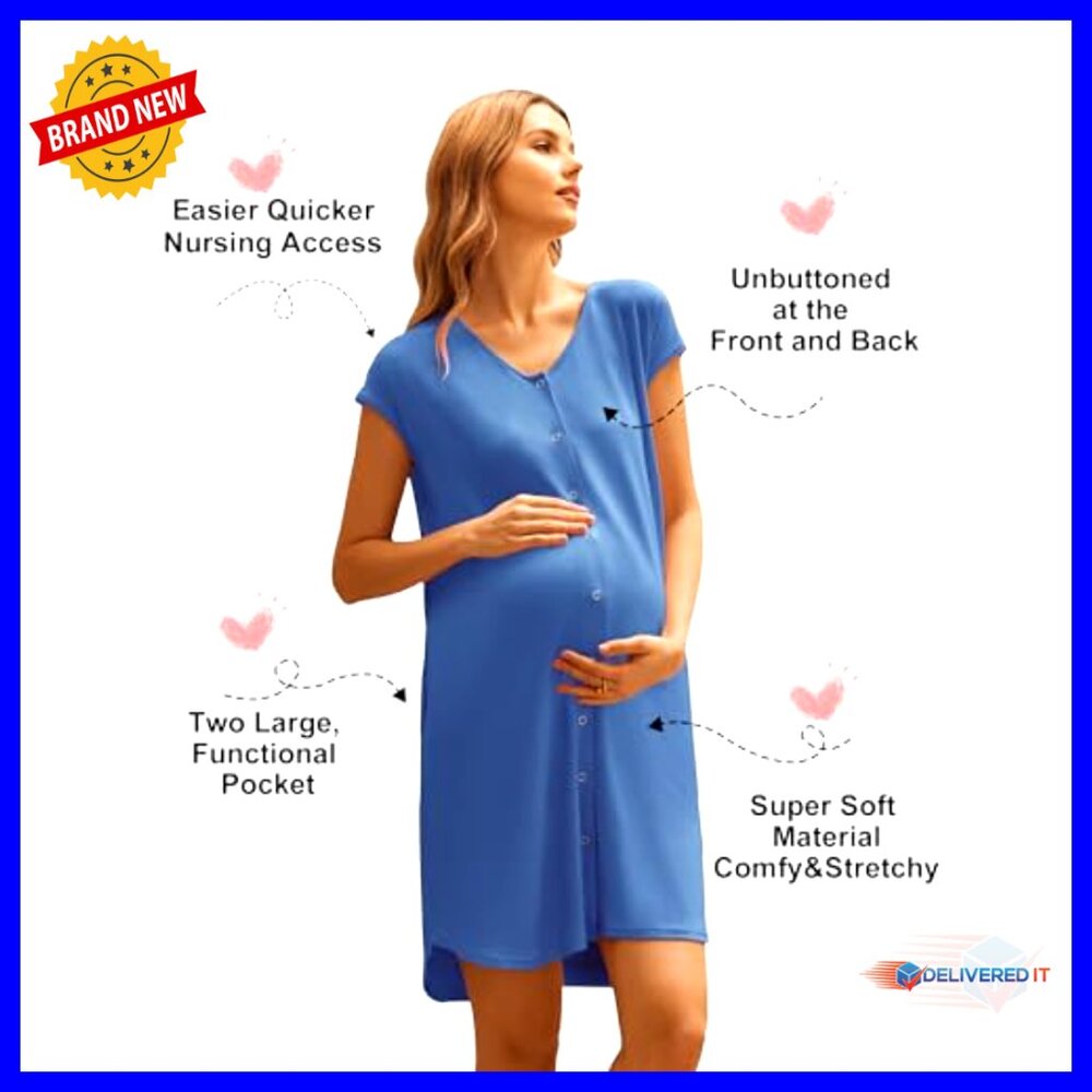 Maternity Nursing Nightgown with Pockets, Front Buttons, Size Large - Picture 2 of 7